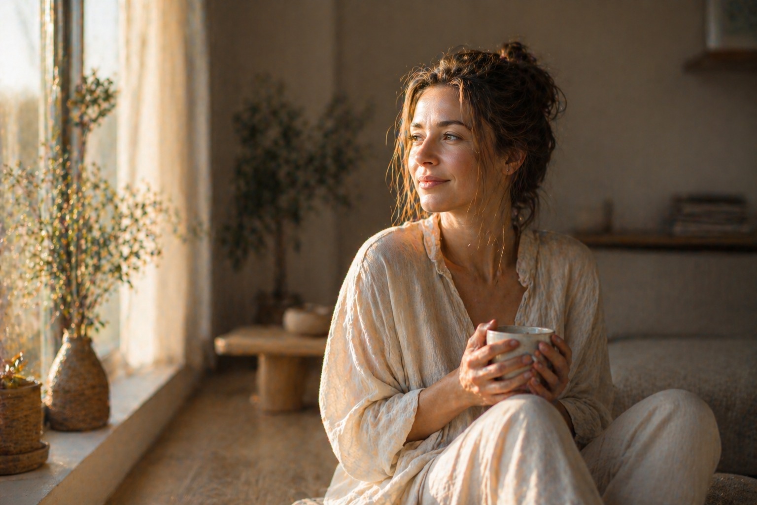 Woman relaxing at home as part of her wellbeing routine